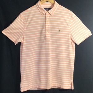 Ralph Lauren Oxford Knit Polo, peach/white stripe.  Medium.